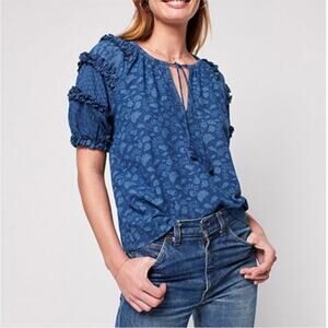 Faherty Bodhi Ruffle Puff Sleeve Top Blue Indigo Echo Floral S